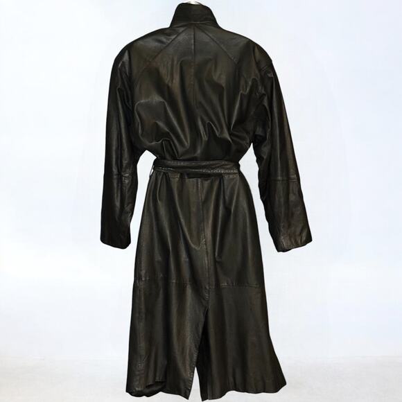 Vintage I.O.U. Leather Collection Black Trench Coat Women's Sz S Belted Duster - Picture 13 of 15